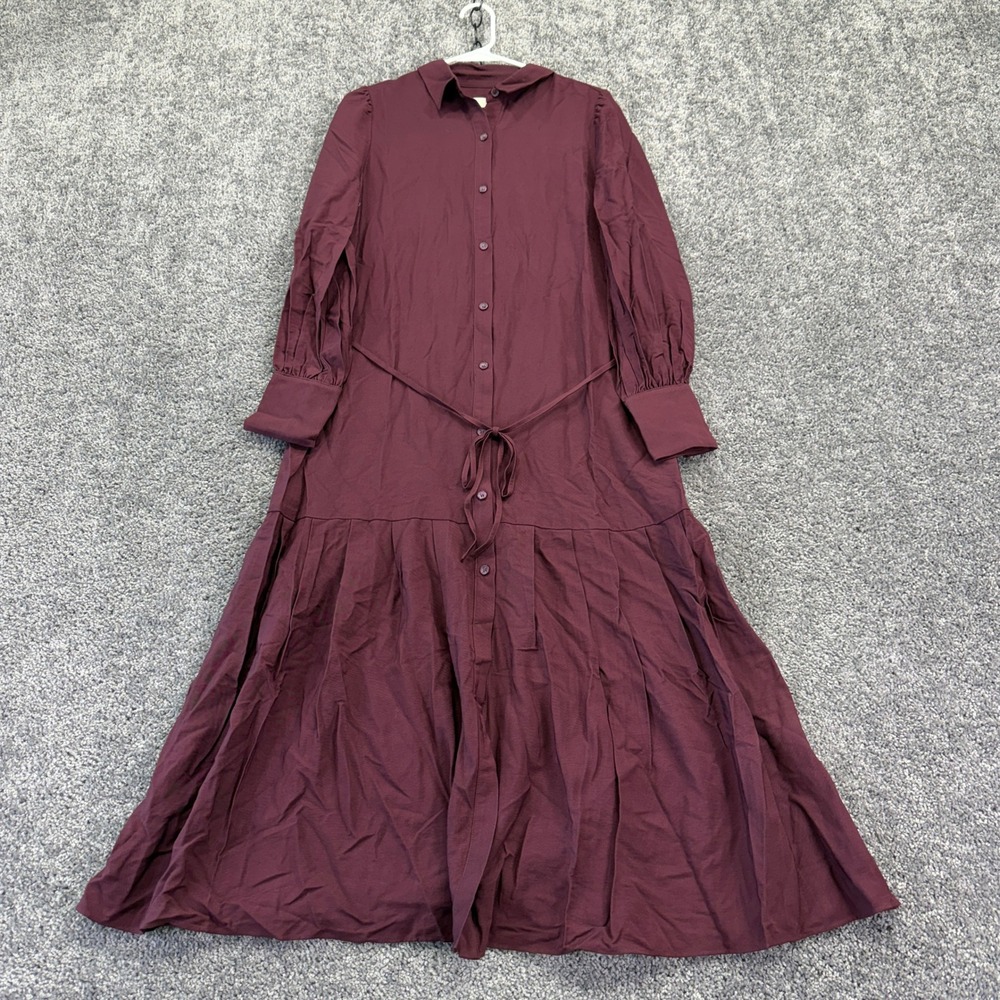 LOFT Maxi Dress Womens 4 Burgundy Long Sleeve Button Front Tie Waist Pleated